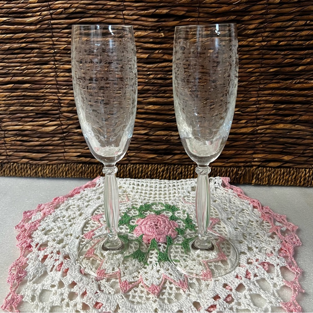Set of 2 Etched Crystal Champagne Flutes Wedding ; Special Occasion